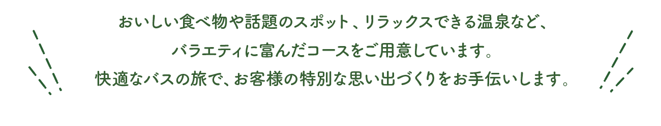 おいしい食べ物や話題のスポット、リラックスできる温泉など、バラエティに富んだコースをご用意しています。快適なバスの旅で、お客様の特別な思い出づくりをお手伝いします。